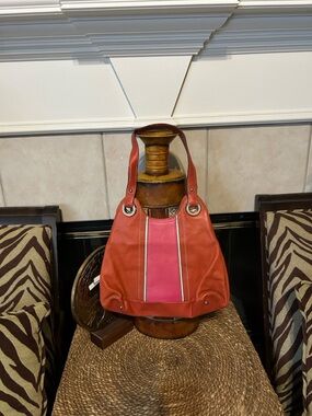 Tignanello Orange Leather Shoulder Bag with Pink Center Panel